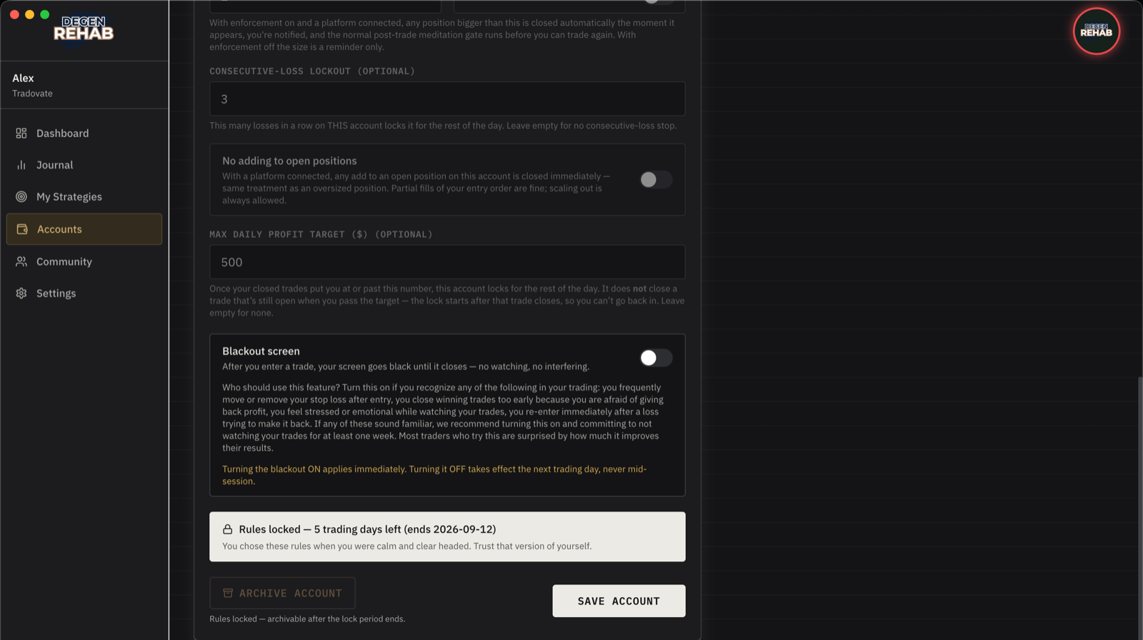 The lower half of an account's settings: consecutive-loss lockout, no adding, daily profit target, blackout, Rule Lock