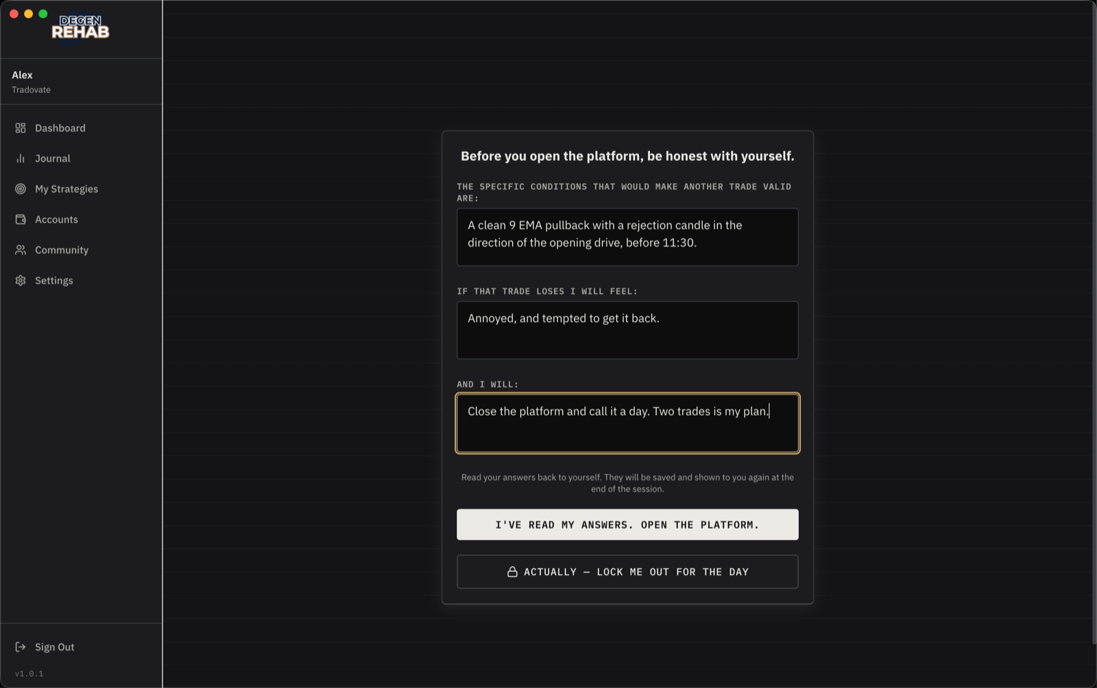 Cooldown commitment screen