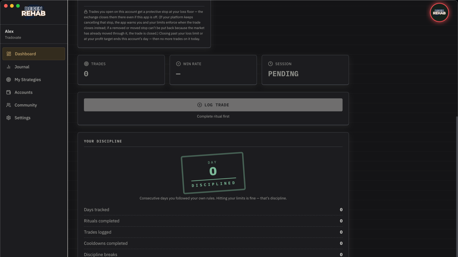 Dashboard lower half: session, log trade, discipline streak