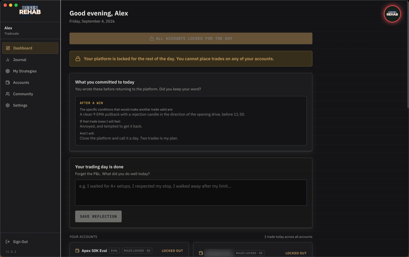 Dashboard after the day has ended