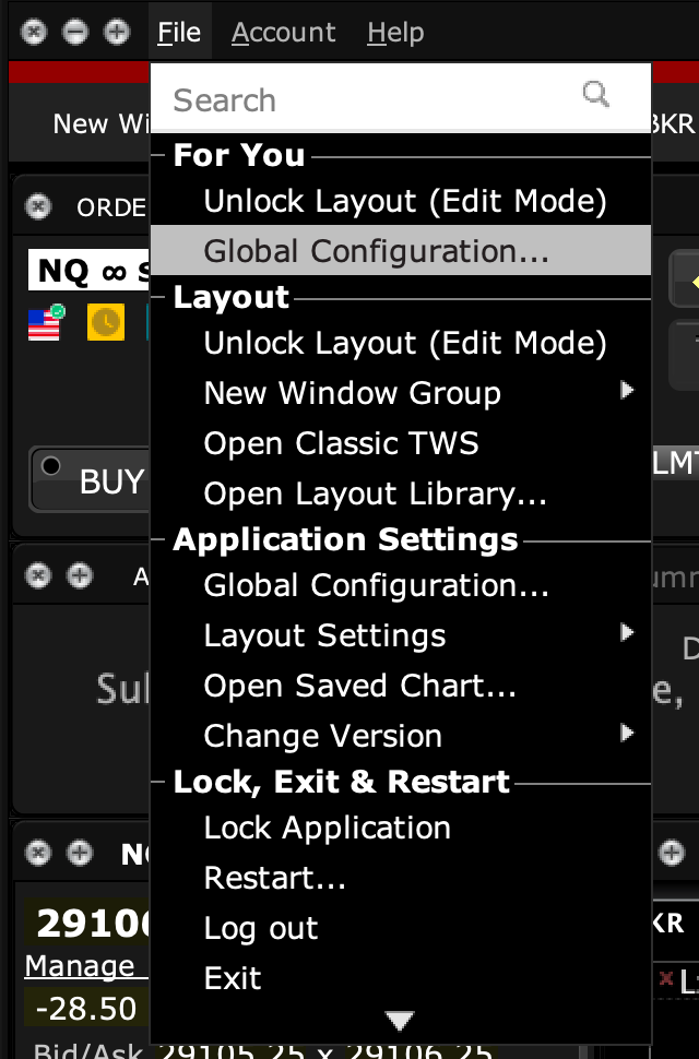 TWS File menu with Global Configuration highlighted