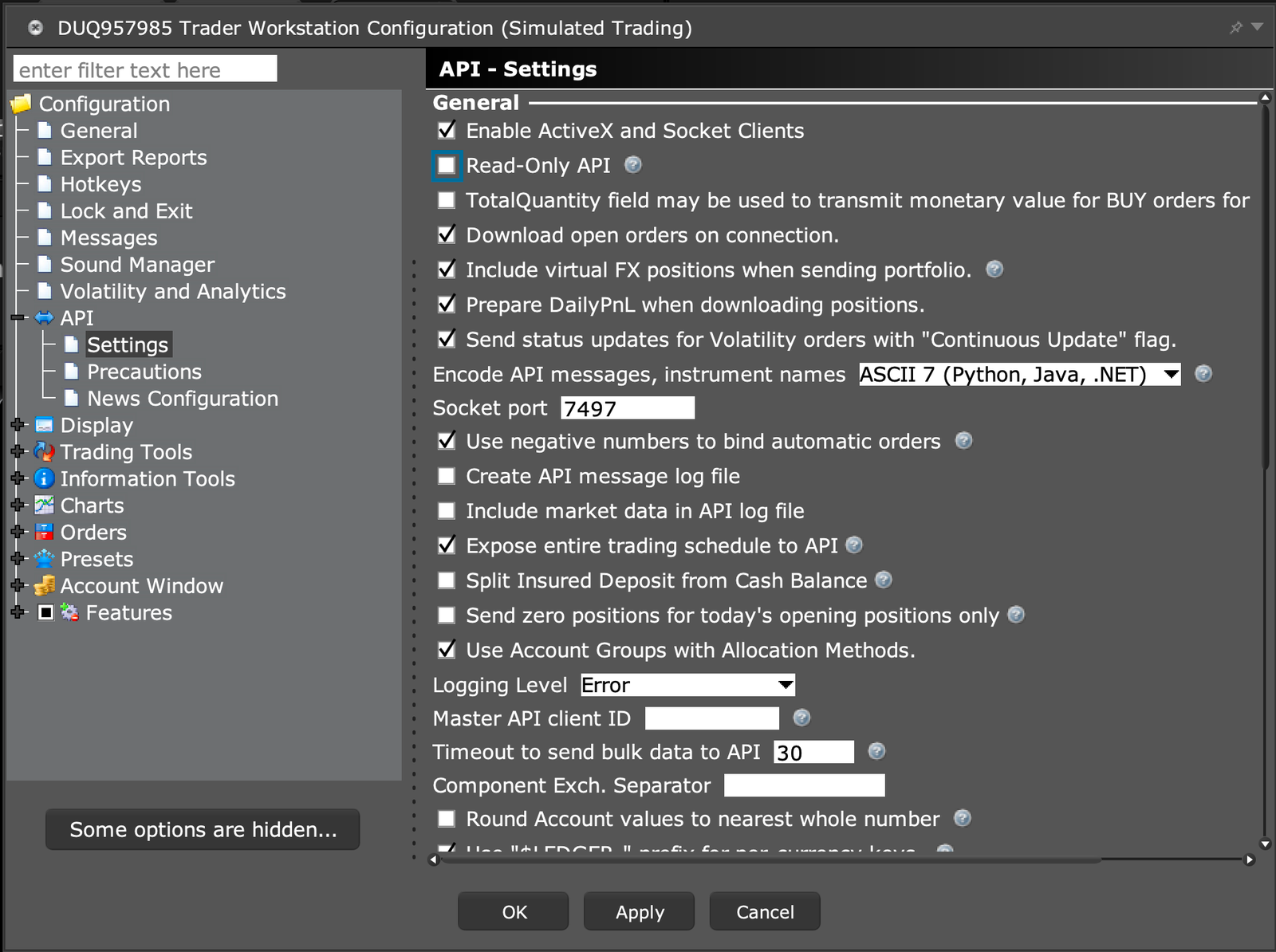 TWS API Settings with Enable ActiveX and Socket Clients ticked and Read-Only API unticked
