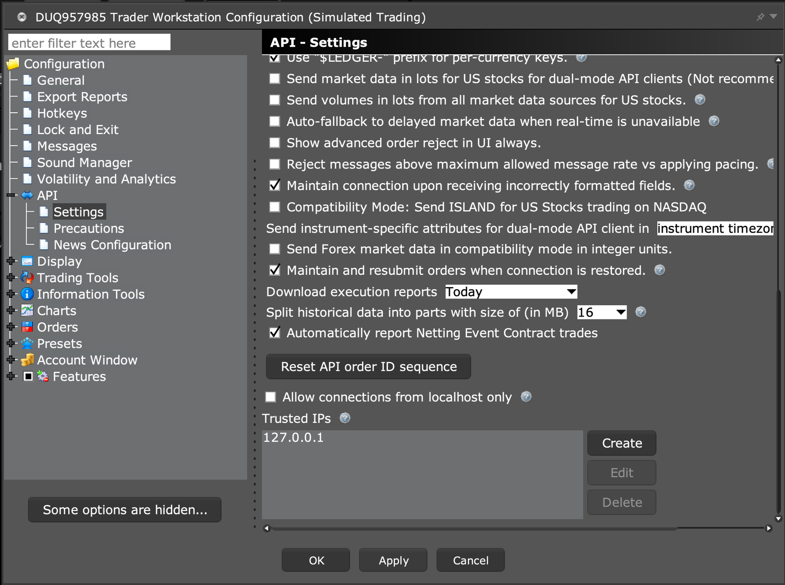 TWS API Settings, Trusted IPs list showing 127.0.0.1
