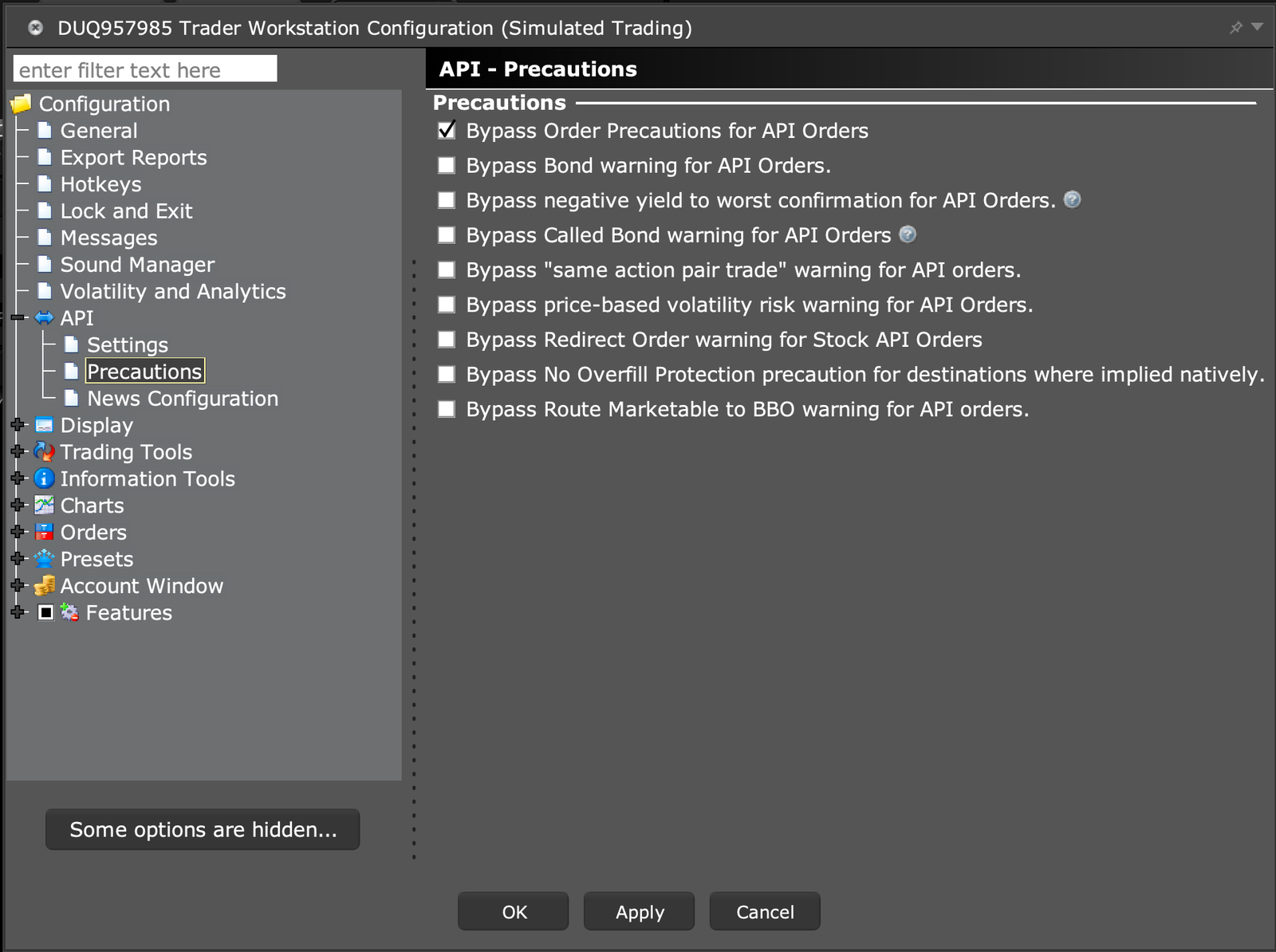TWS API Precautions with Bypass Order Precautions for API Orders ticked