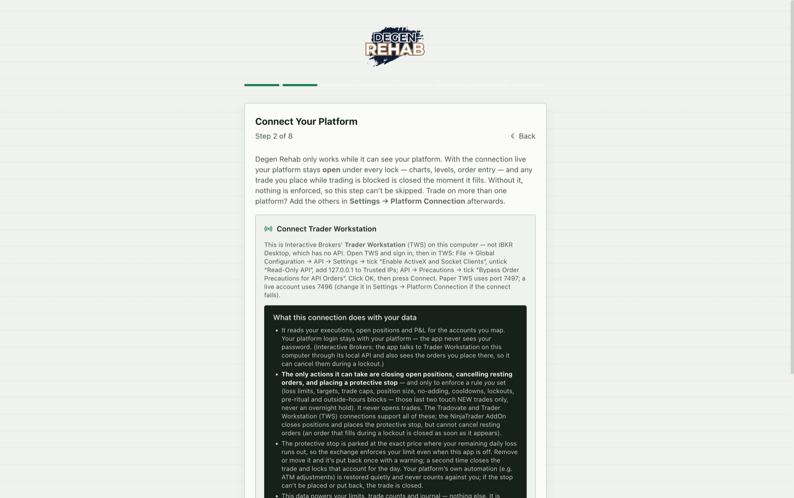 Onboarding step 2 with Trader Workstation selected