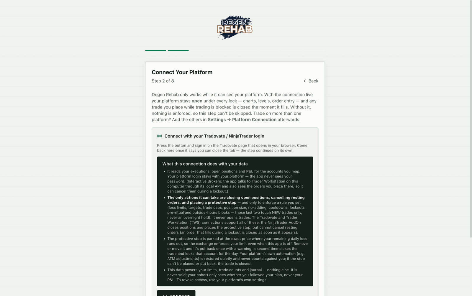 Onboarding step 2, Connect Your Platform, with the Tradovate card