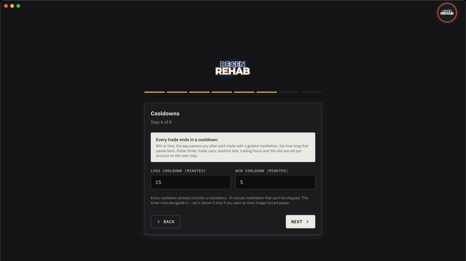 Onboarding step 6, Cooldowns