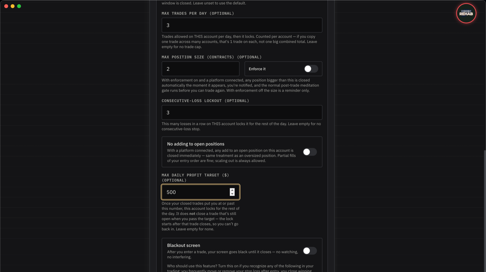 Onboarding step 7, optional limits