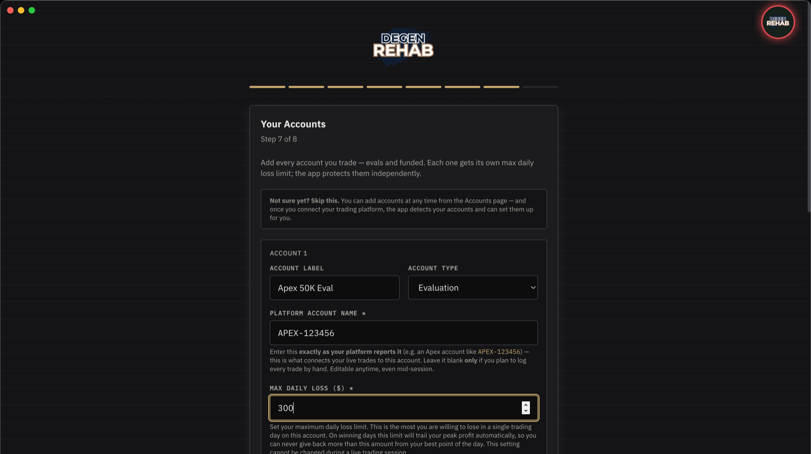 Onboarding step 7, account label, platform name, and max daily loss