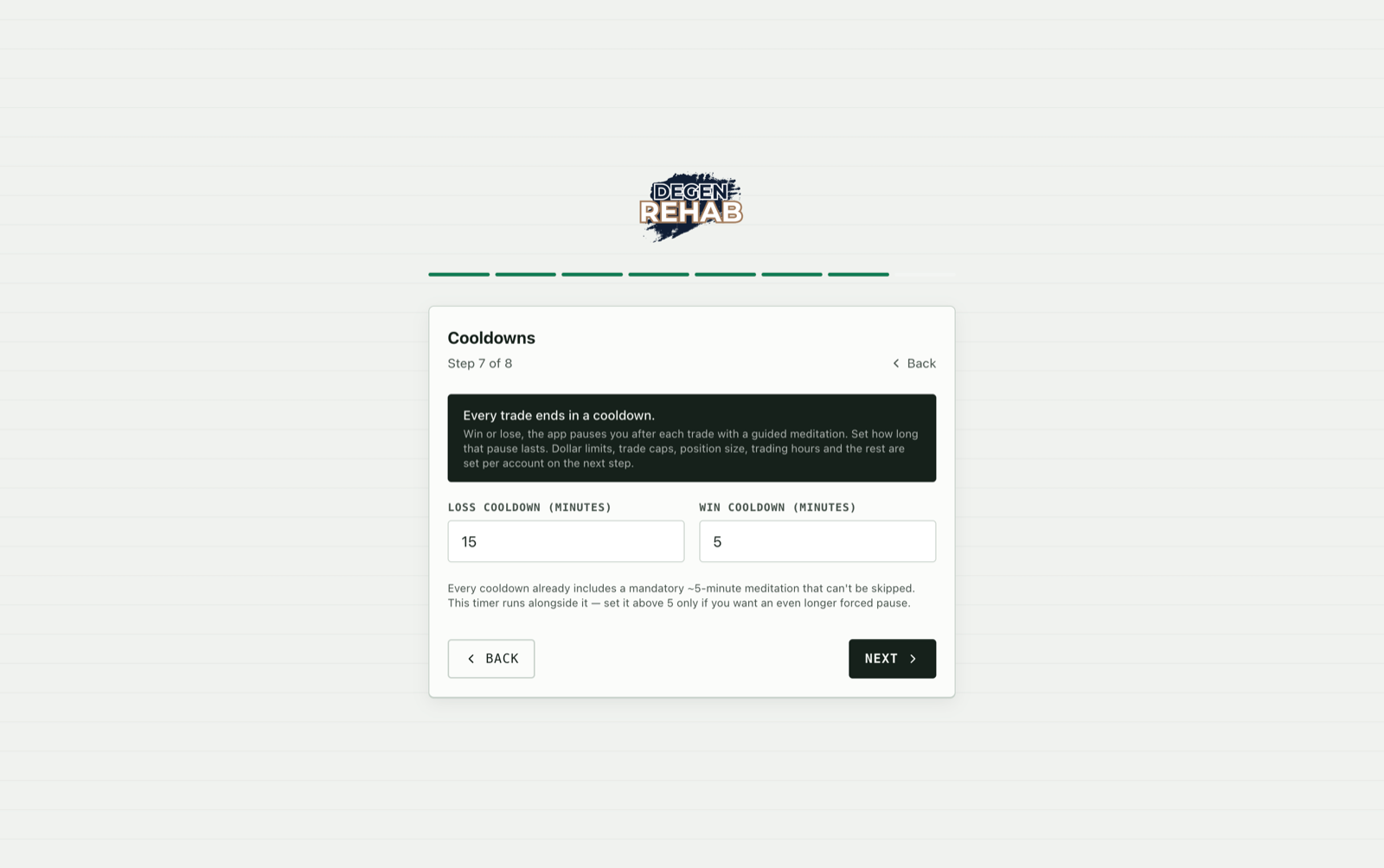 Onboarding step 7, Cooldowns