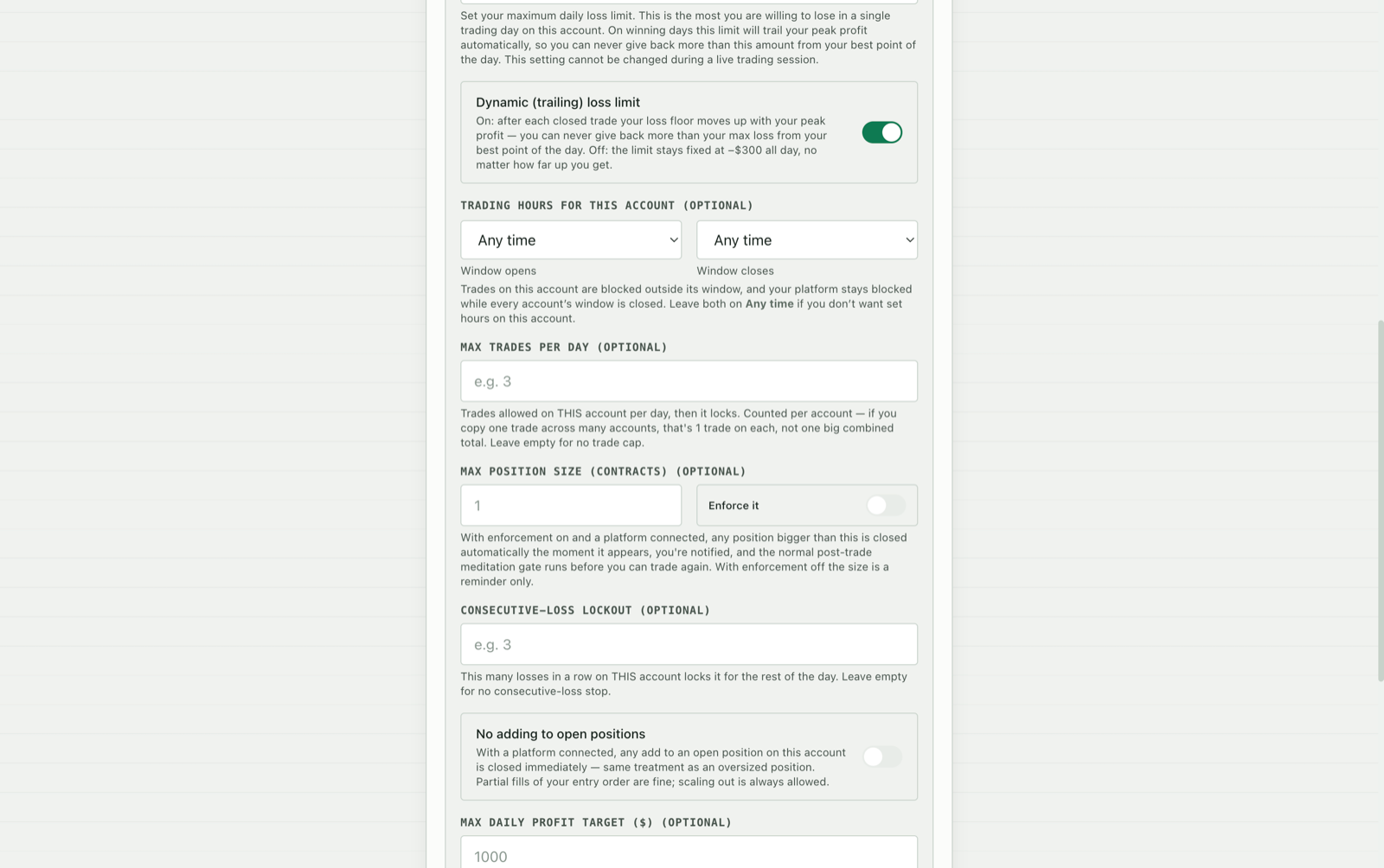Onboarding step 8, optional limits