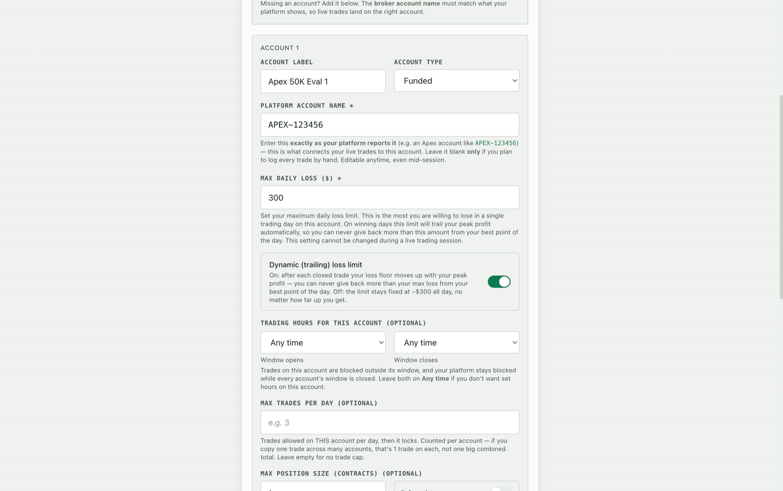 Onboarding step 8, account label, platform name, and max daily loss
