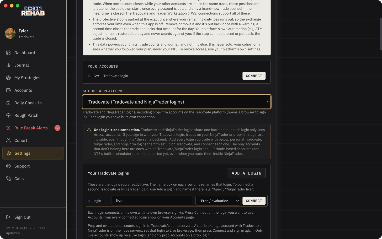 Settings: Your accounts with a Connect button per login, and the login row with its type dropdown