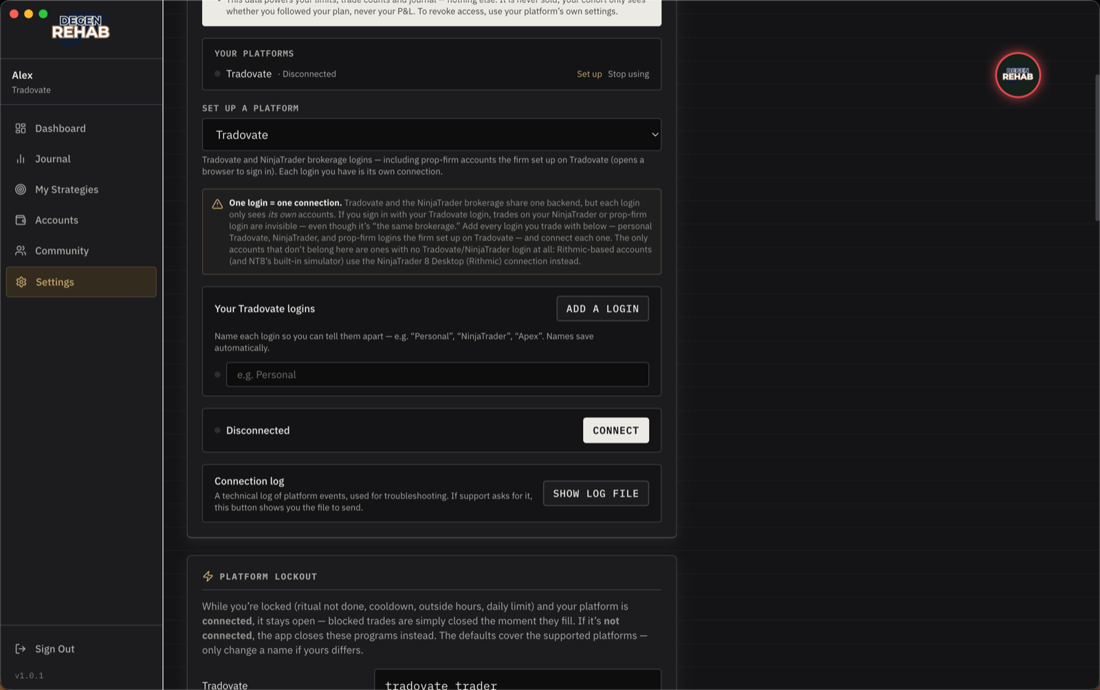 Tradovate login name and Connect button