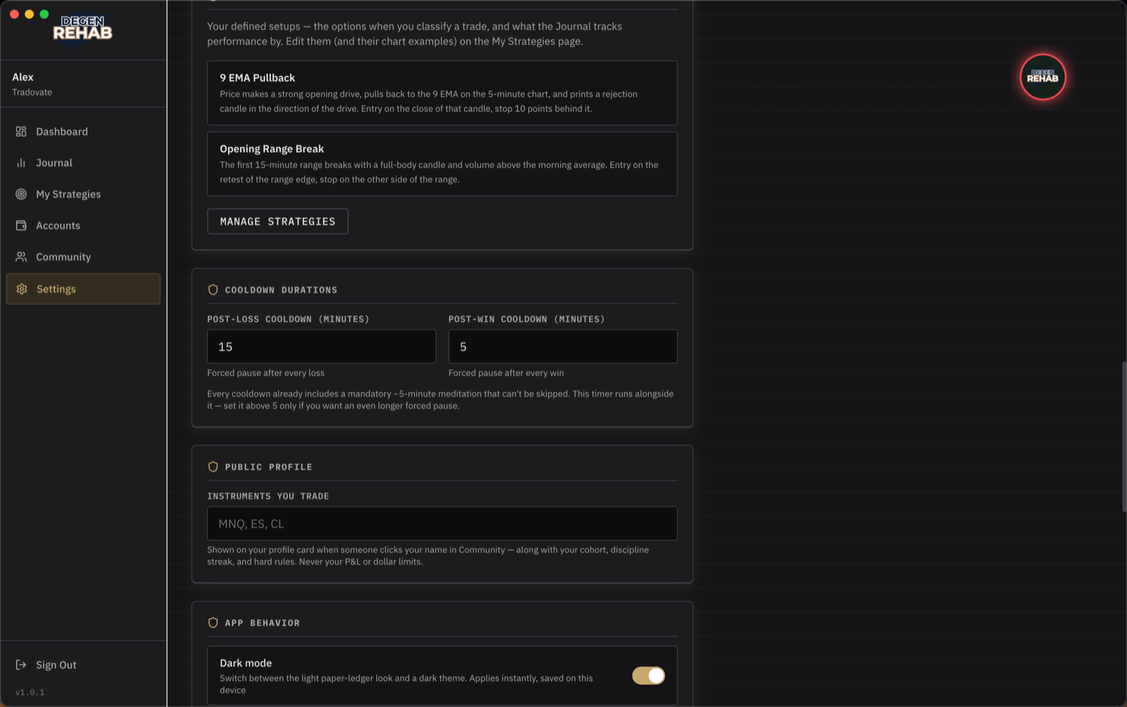 Cooldown durations and public profile panels