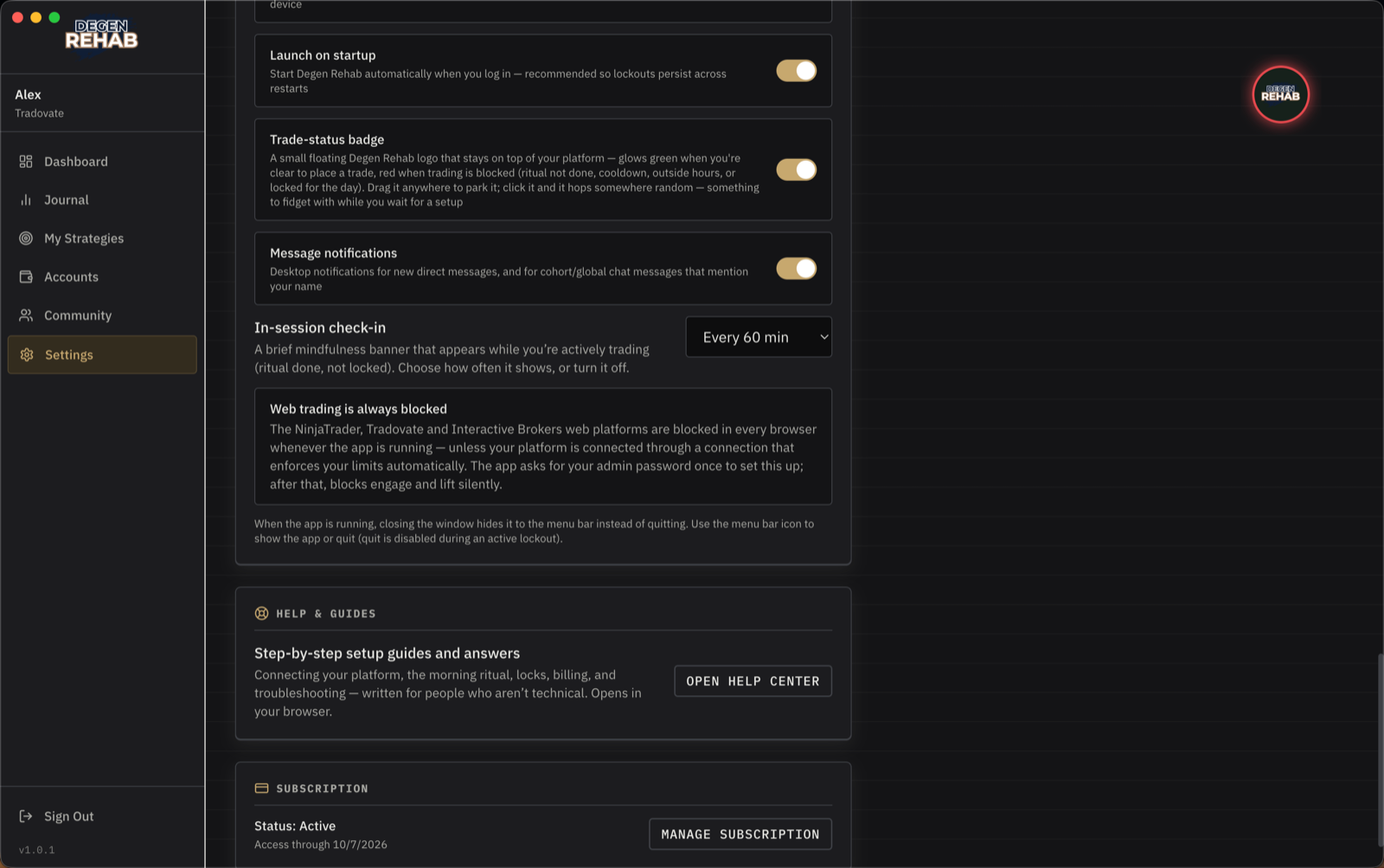 Help and Subscription panels