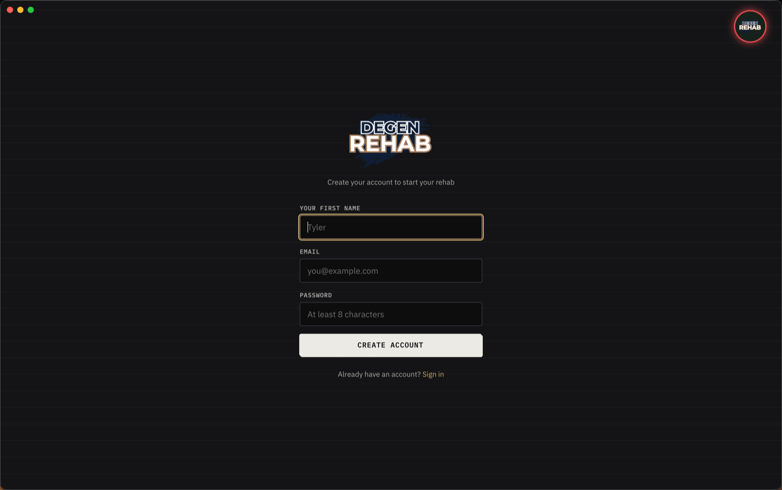 The create-account screen