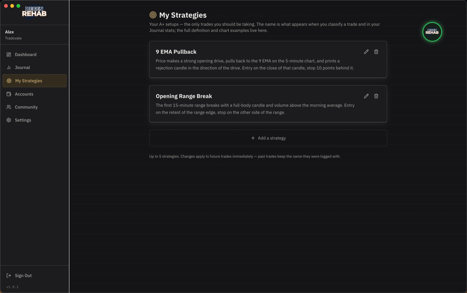 The My Strategies page