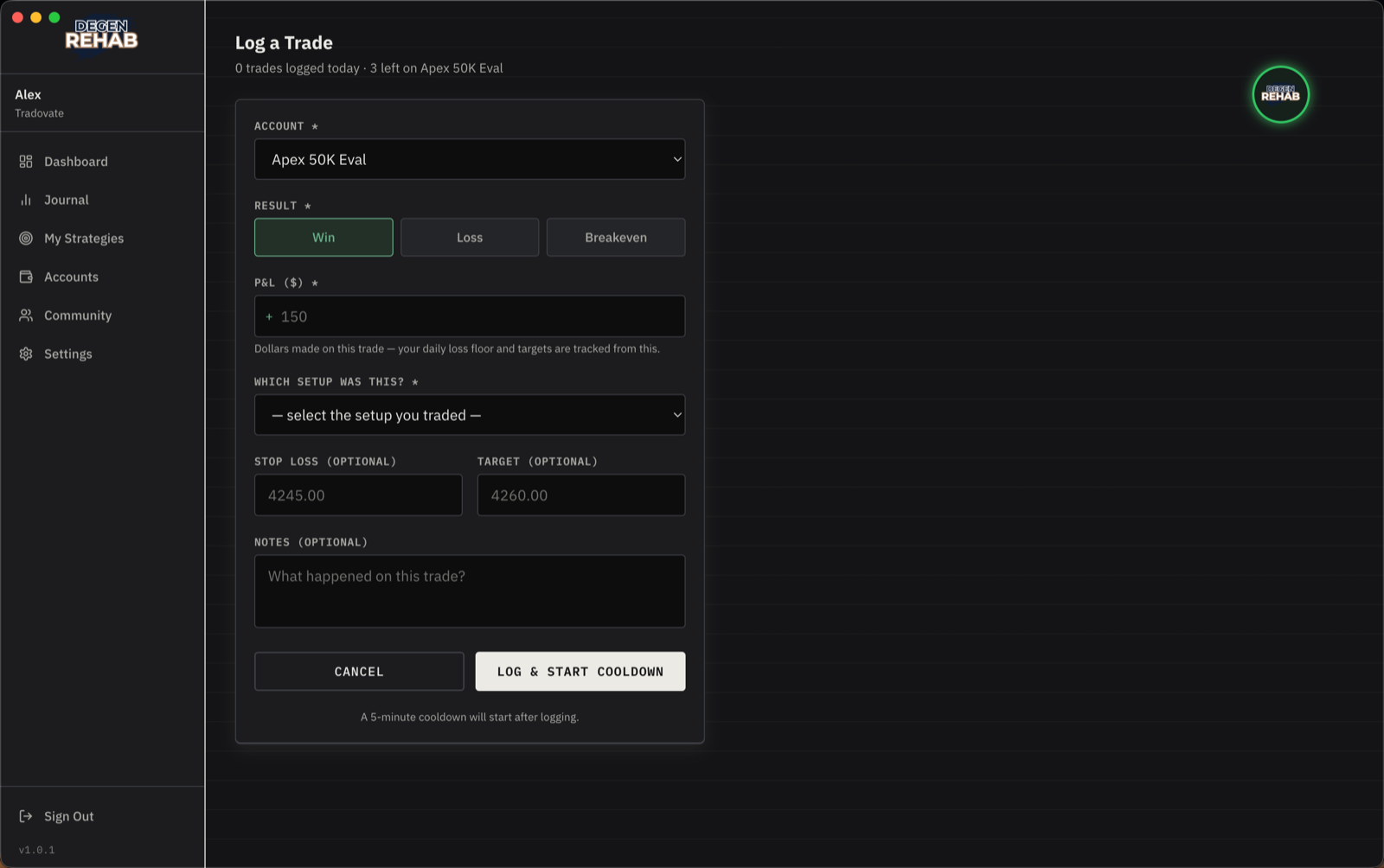 Log a Trade form