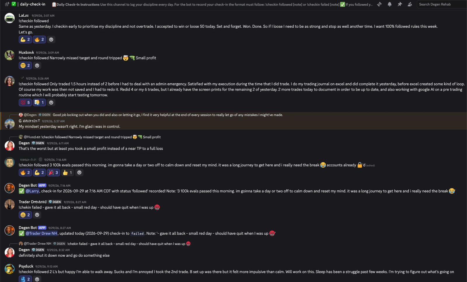 The daily-check-in channel in the Degen Rehab Discord: members posting whether they followed or failed their rules, notes on their trades, replies from Degen and the bot recording each check-in