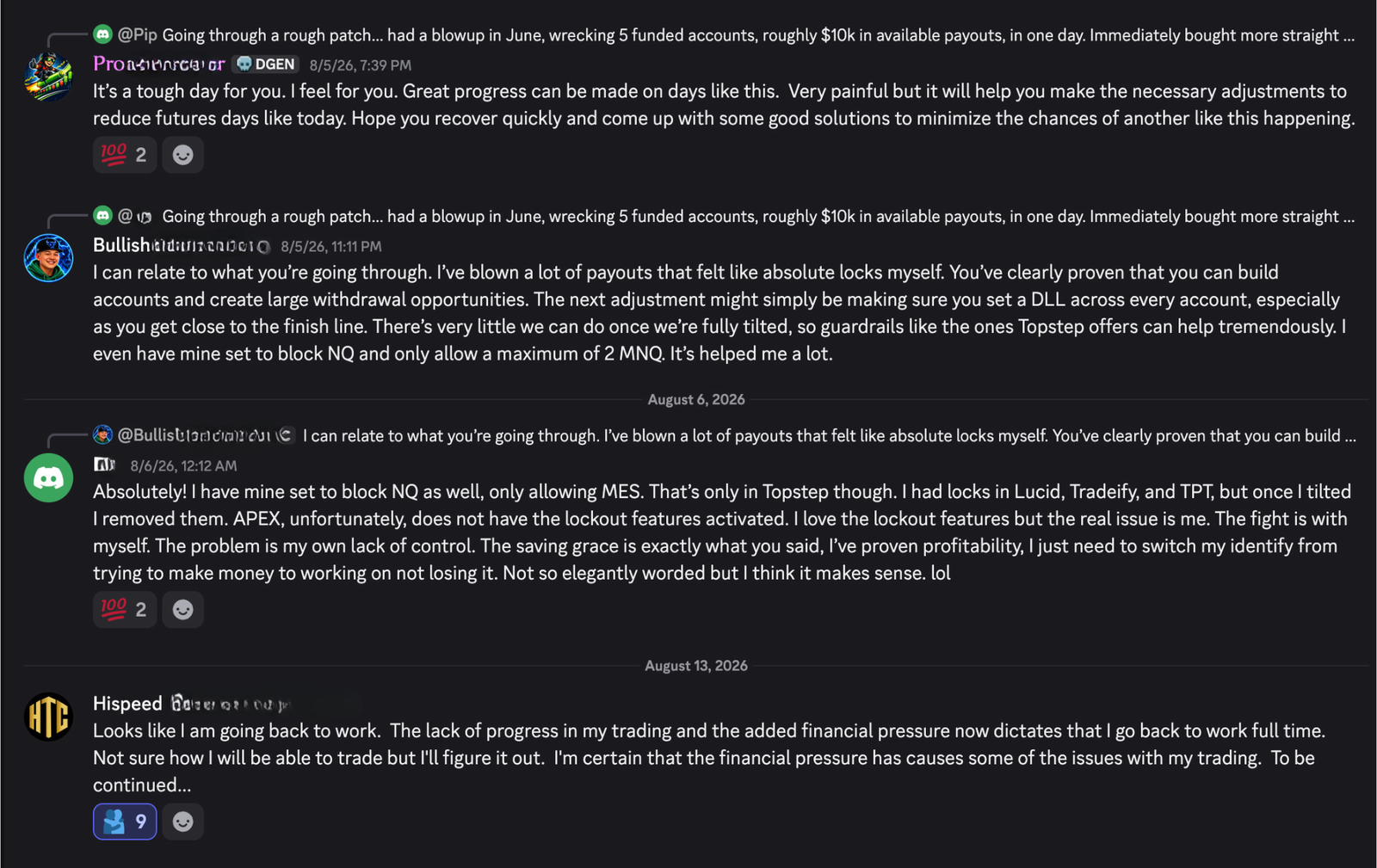 The Rough Patch channel: a member describes blowing up five funded accounts in one day, and other traders reply with their own experience and practical suggestions