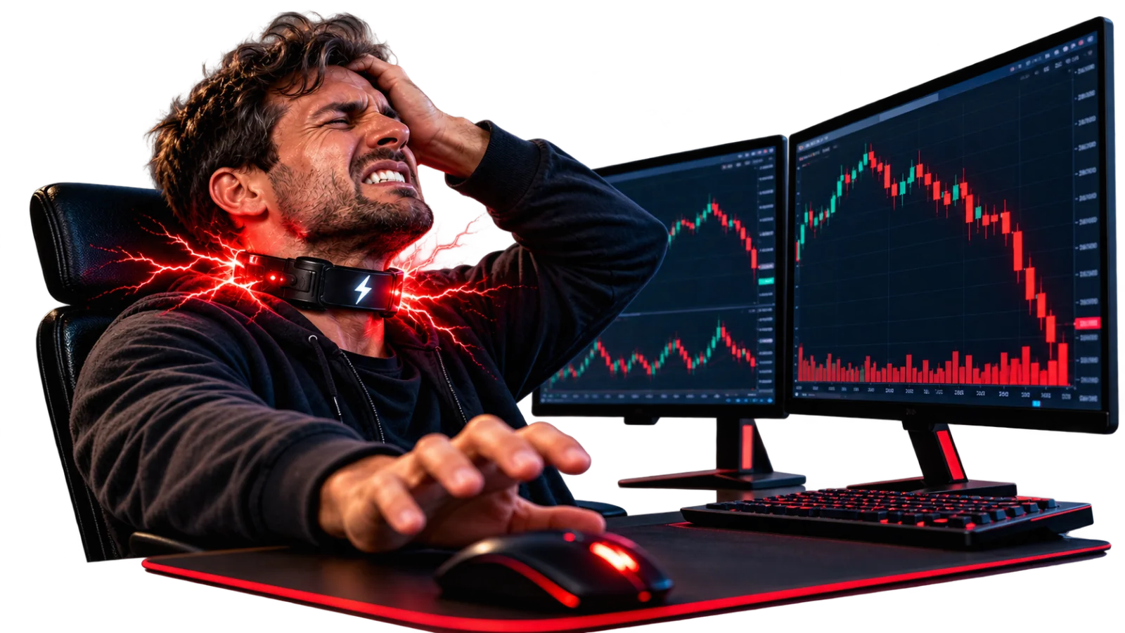 Cartoonish scene of a frustrated trader at his screens wearing a glowing shock collar